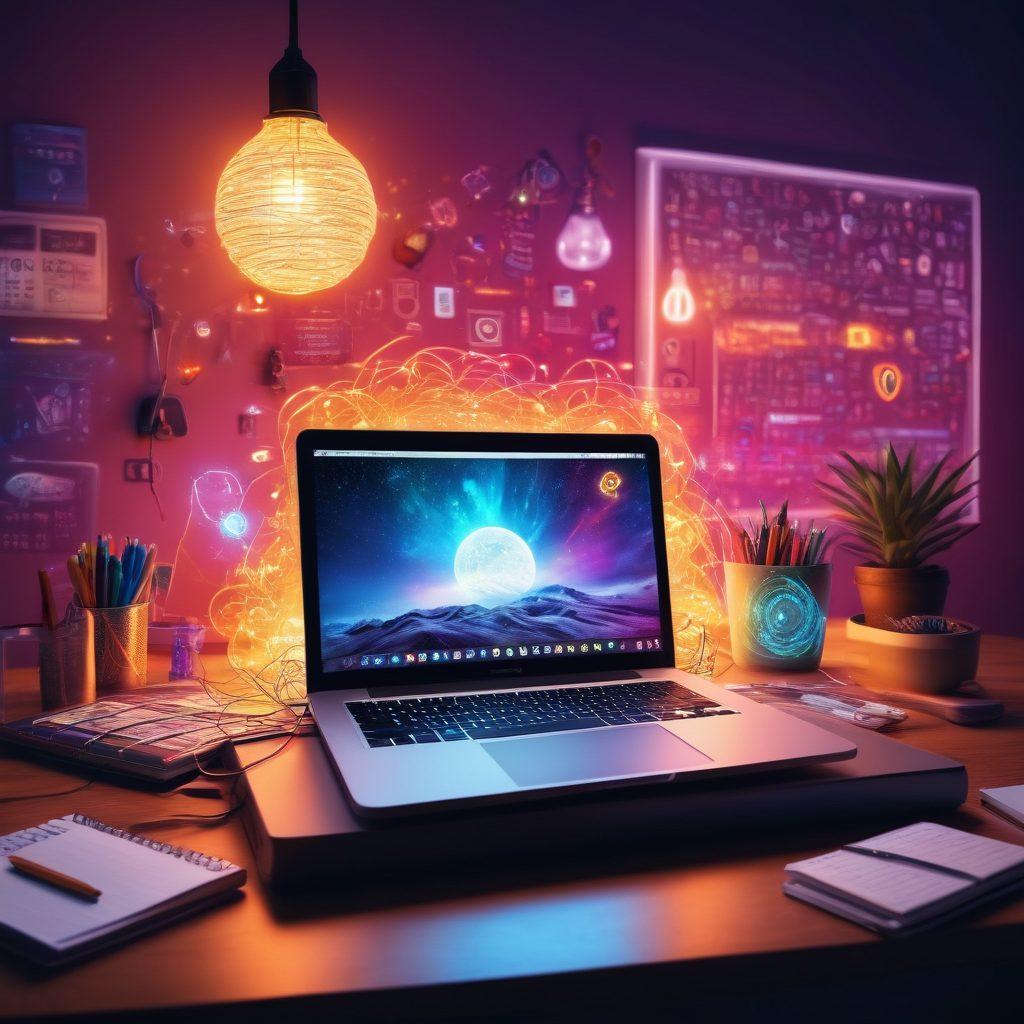 A vibrant, imaginative digital landscape that represents a person's creative journey in blogging. Include an open laptop with glowing content ideas swirling around, surrounded by colorful keys symbolizing unique codes and successful content. The background features a mystical blogosphere filled with inspiring symbols like lightbulbs, pens, and social media icons. Illuminate the scene with bright hues to evoke excitement and creativity. super-realistic. vibrant colors. digital art.