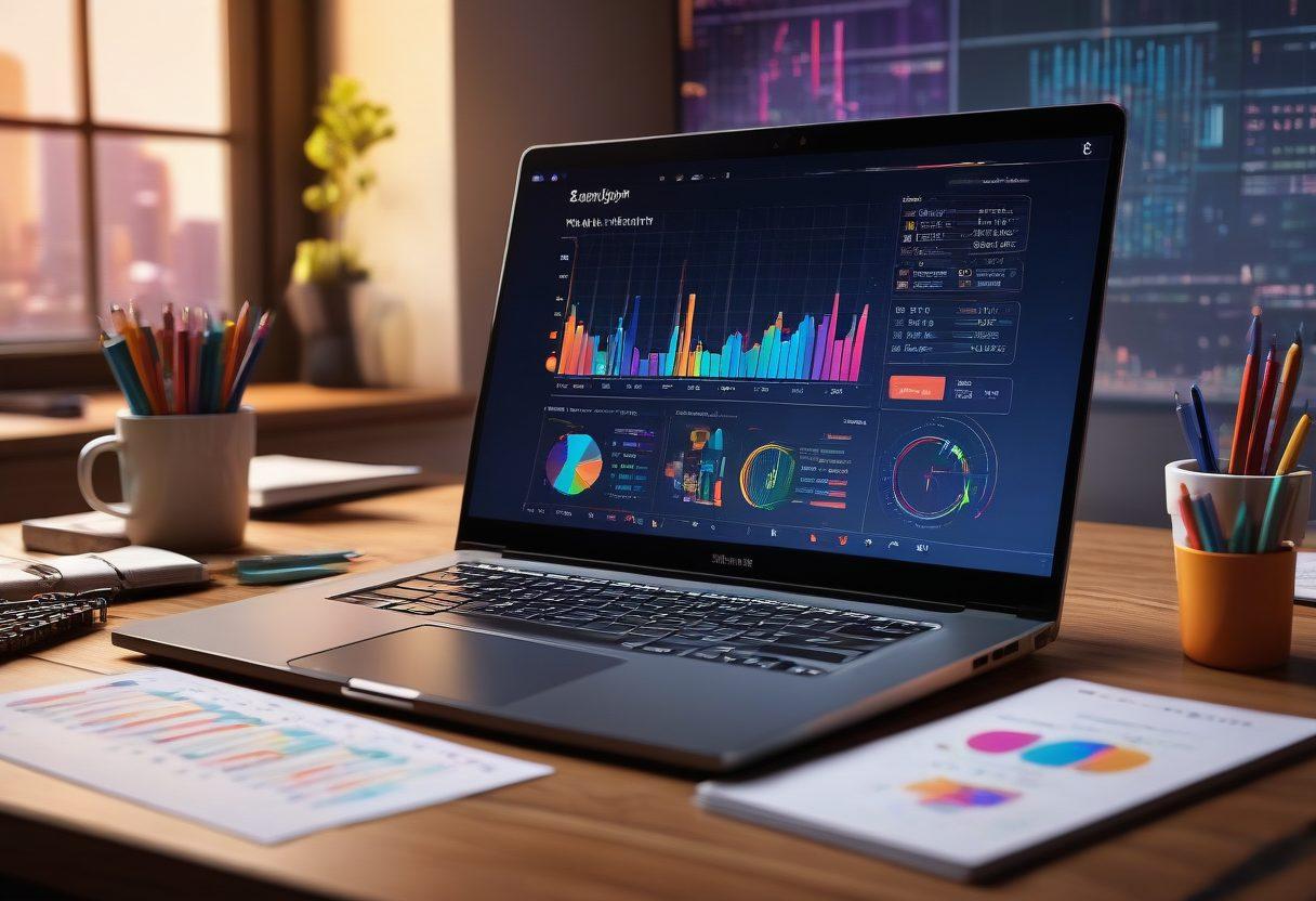 A creative workspace with an open laptop displaying colorful graphs and charts morphing into vibrant storytelling elements like books, pens, and digital screens. Include a backdrop of floating numerical codes transforming into words and sentences, symbolizing the journey from data to narrative. Warm lighting and inviting atmosphere to inspire creativity. super-realistic. vibrant colors. 3D.