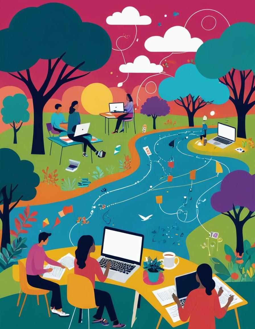 A whimsical illustration of a digital landscape filled with colorful blog posts and floating diary pages, depicting diverse people engaging with their devices, exploring ideas and creativity. The scene includes vibrant, interconnected pathways representing the blogosphere, with elements like laptops, coffee cups, and thought bubbles in the background. The overall effect should feel engaging and inviting, emphasizing exploration and personal journey. bright colors. vector art.